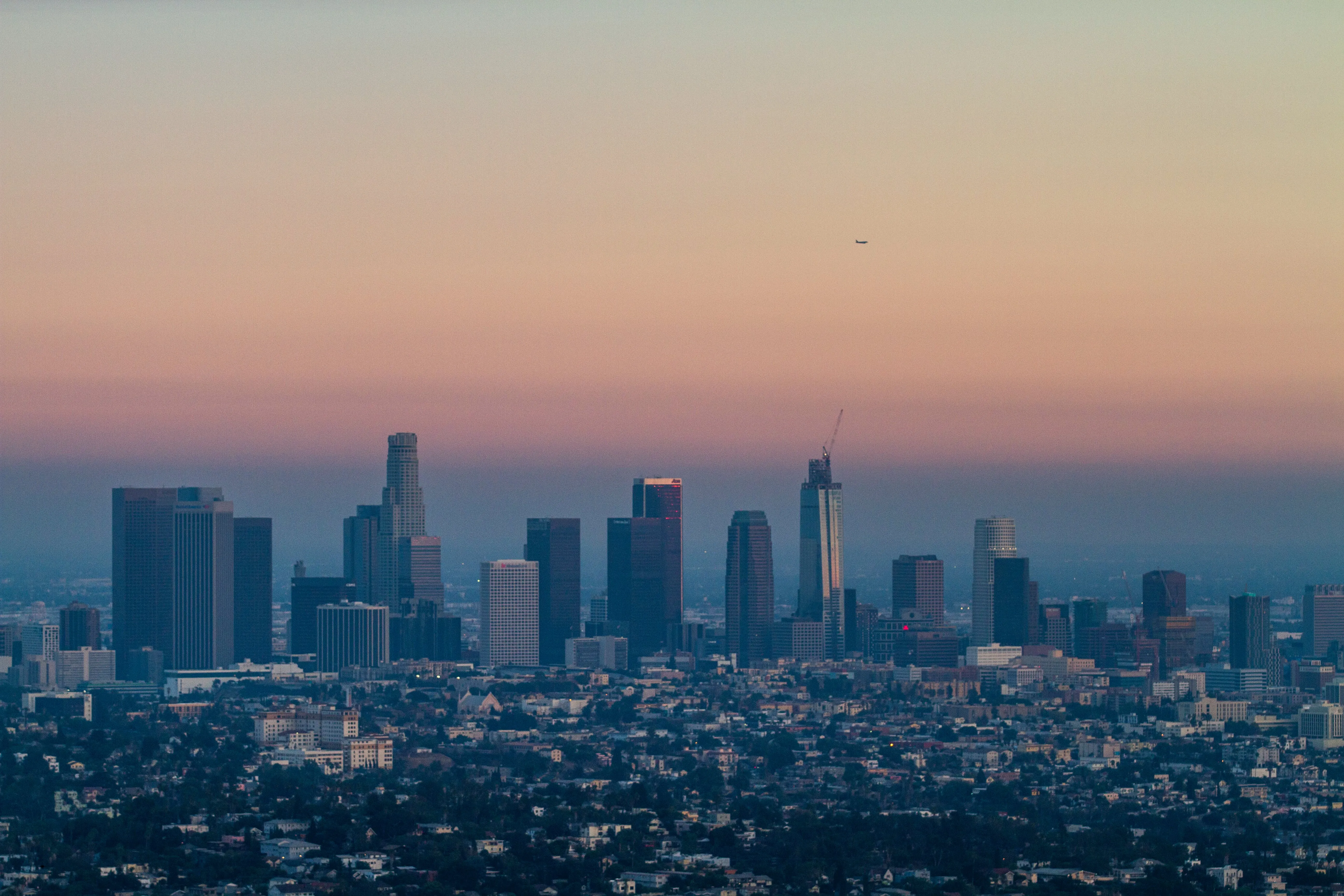 Los Angeles city skyline at dusk